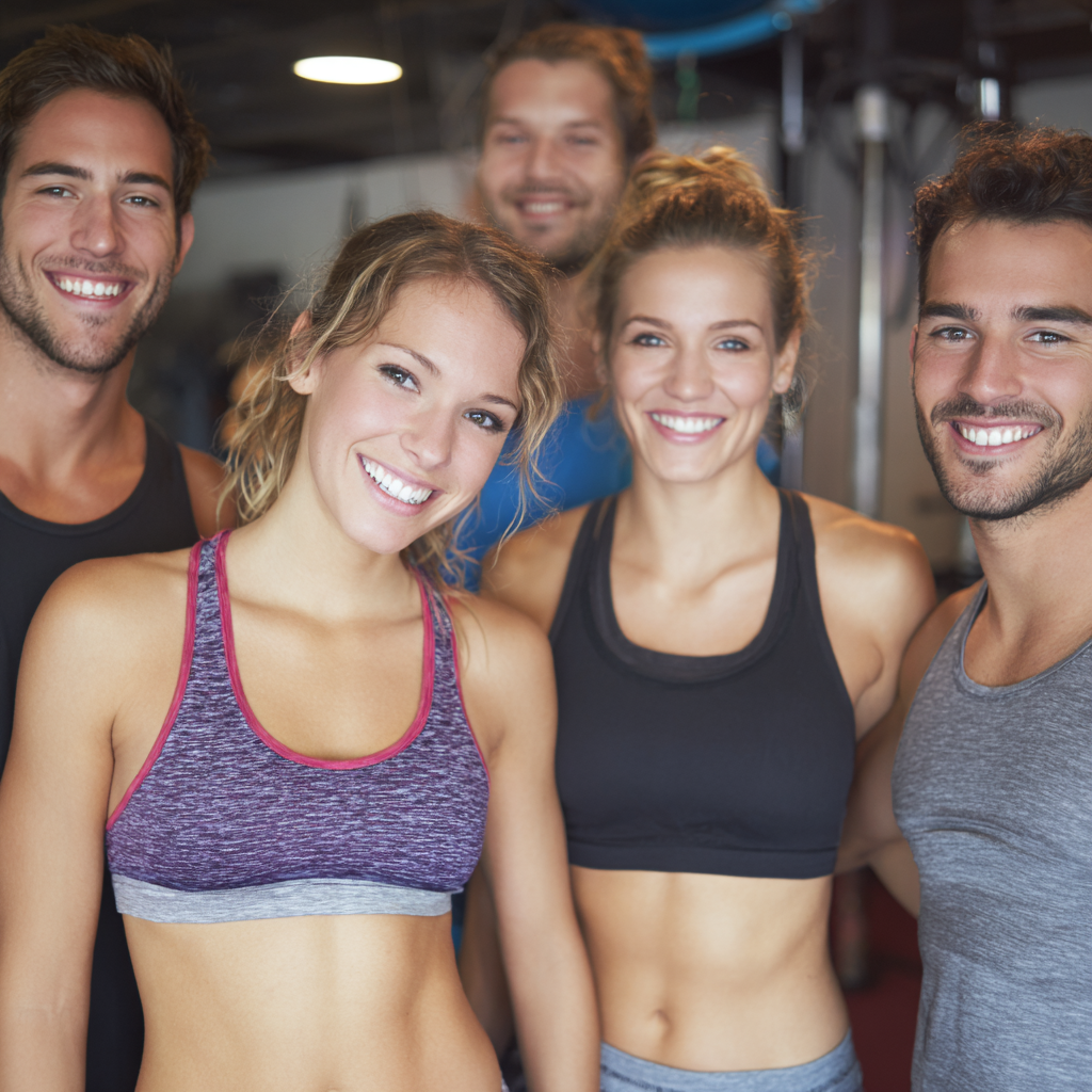 Mosolygós európai fiatal felnőttek csoportja edzés után a fitnesz teremben, egészséges és energikus megjelenéssel