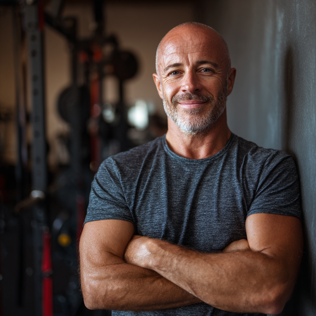 Professzionális fitnesz edzők csoportja mosolyogva a modern edzőteremben, európai megjelenésű szakemberek