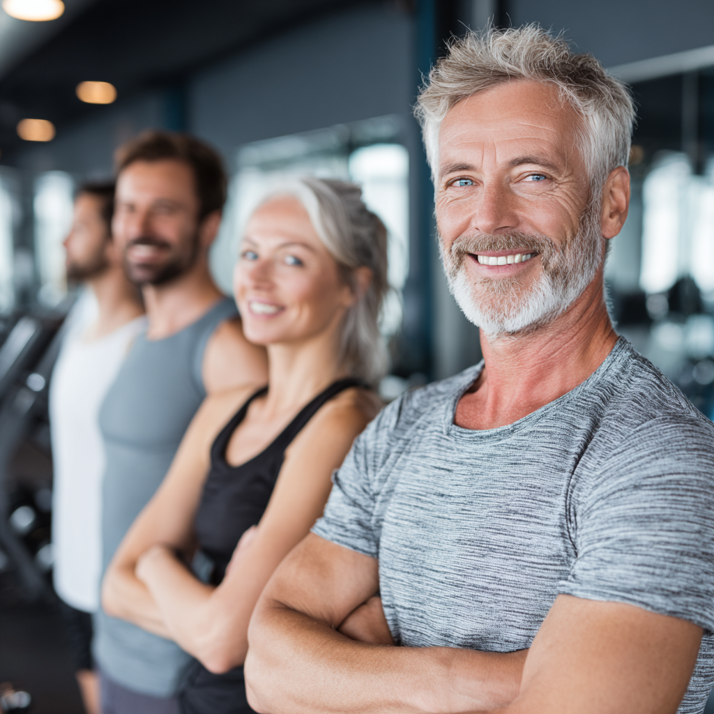 Idősebb európai férfi és nő mosolyogva végez ízületi mobilitás gyakorlatokat a szabadban, egészséges és aktív életmód